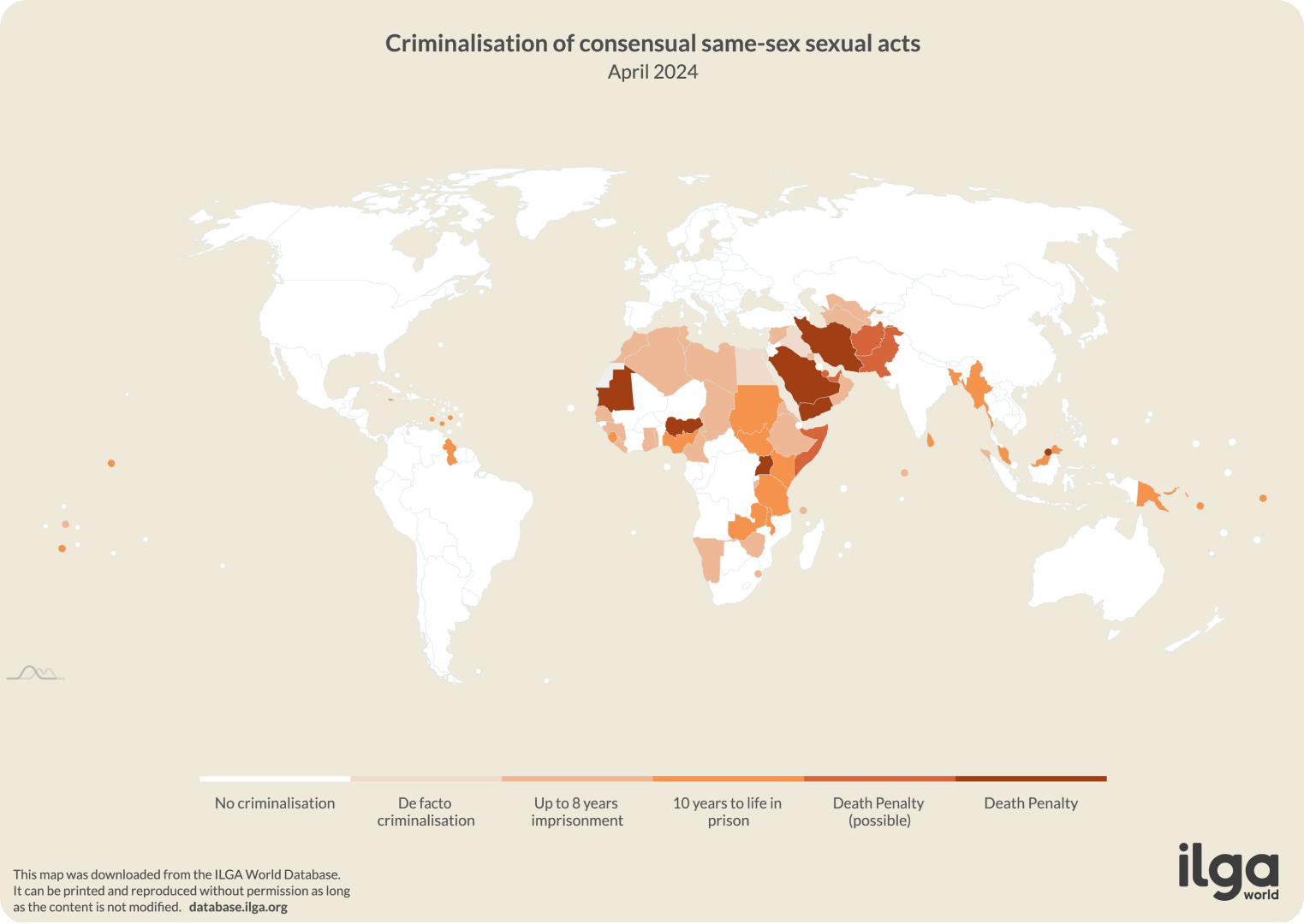 Map about criminalization of consensual same-sex sexual acts in April 2024.